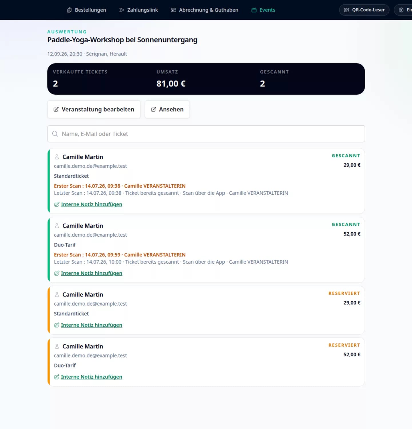 PayLinker-Dashboard mit Verkäufen und Teilnehmenden der Veranstaltung
