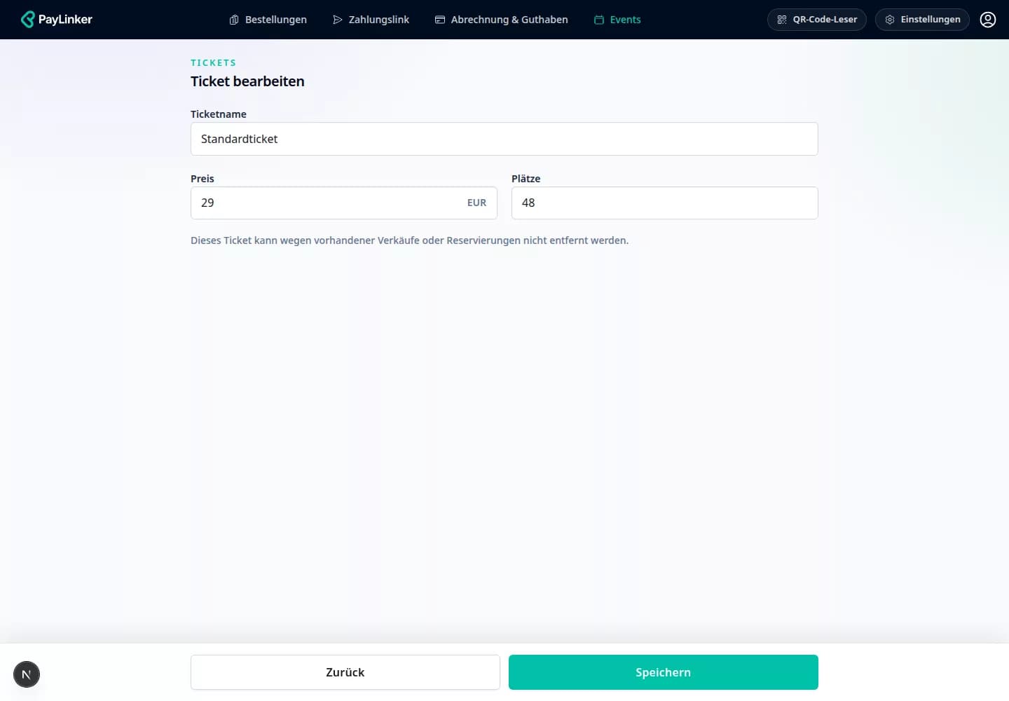 Konfiguration einer Ticketart in PayLinker mit Preis und Kapazität