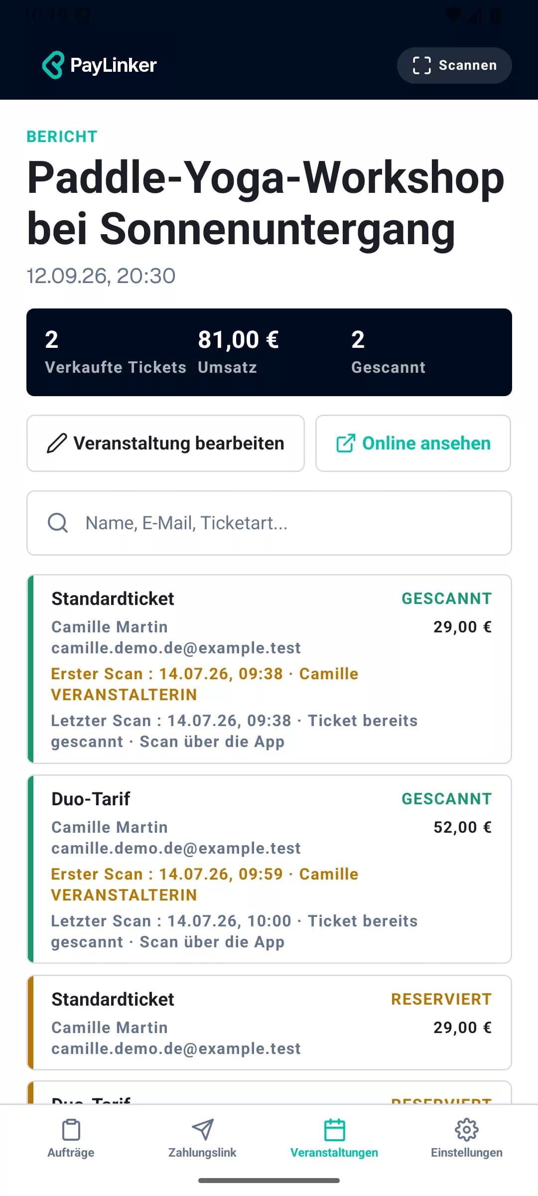 Details und Auswertung der Paddle-Yoga-Veranstaltung in der mobilen PayLinker-App