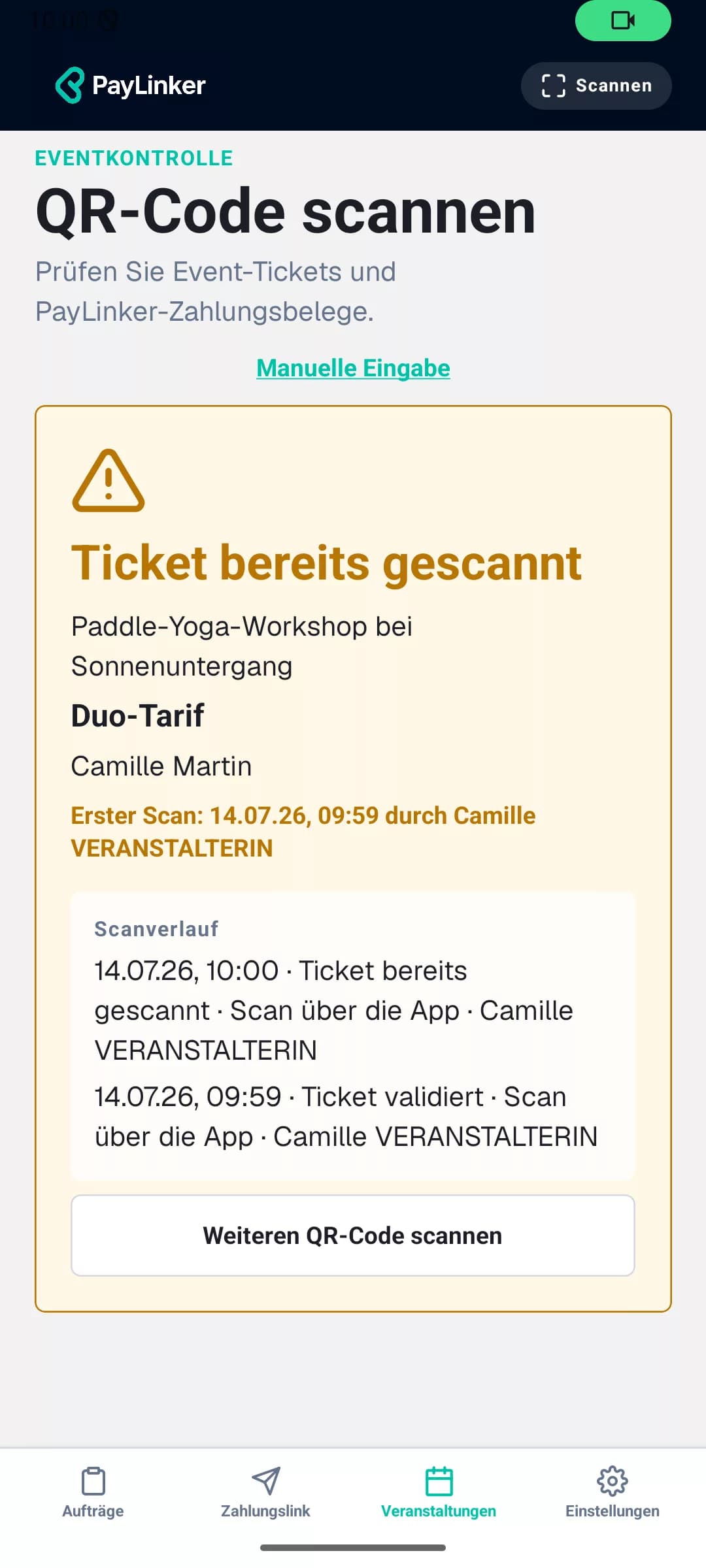 PayLinker-App meldet ein bereits gescanntes Ticket