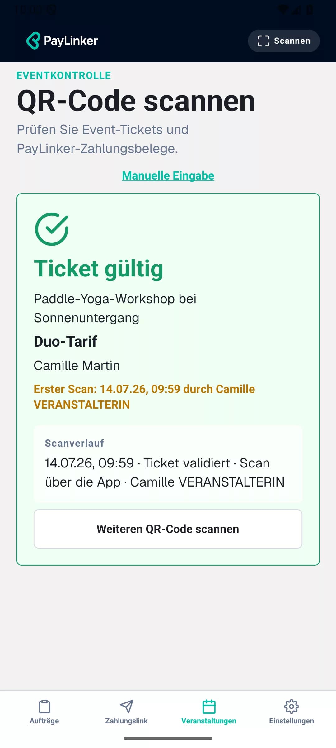 PayLinker-App bestätigt ein gültiges Ticket