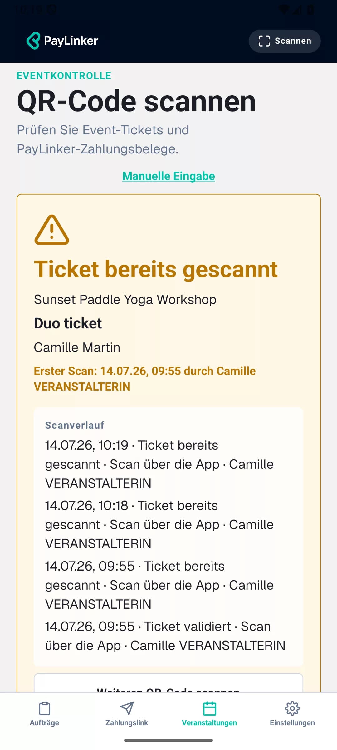 Geöffneter Ticketscanner in der mobilen PayLinker-App