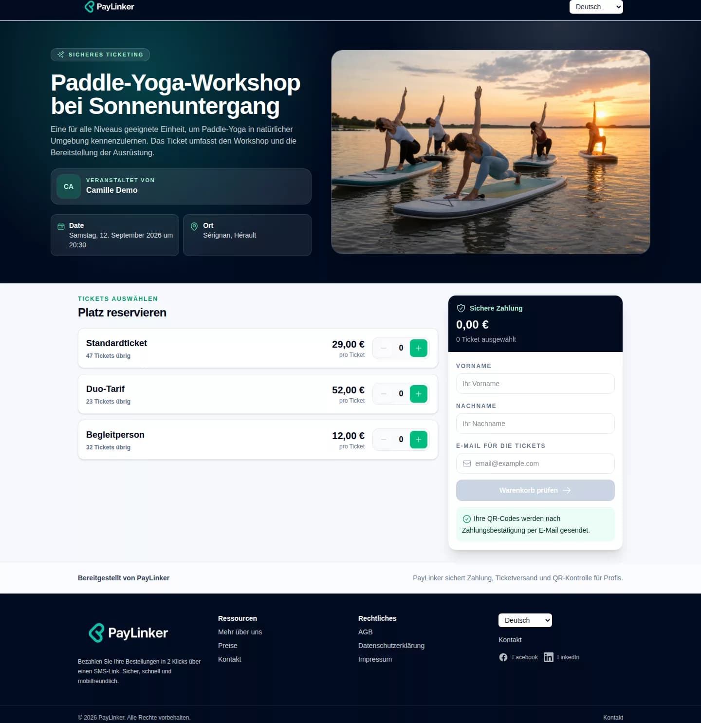 Öffentliche PayLinker-Seite für den Paddle-Yoga-Workshop mit verfügbaren Tickets