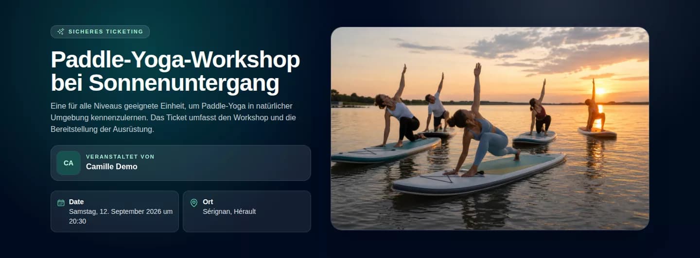 Öffentliche PayLinker-Seite für den Paddle-Yoga-Workshop mit verfügbaren Tickets