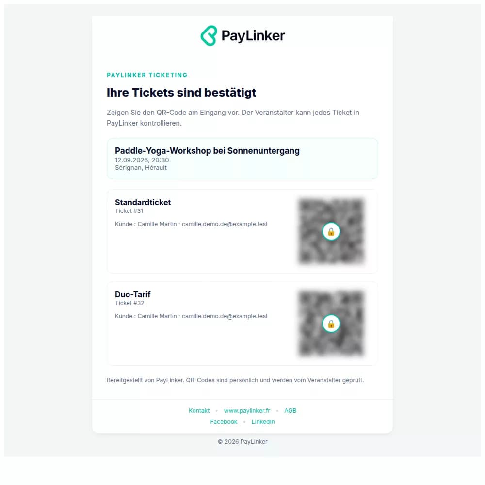 PayLinker-E-Mail mit zwei Demo-Tickets und neutralisierten QR-Codes