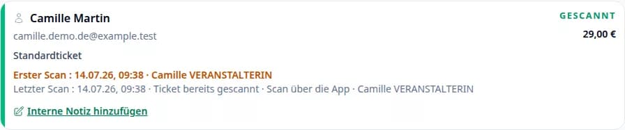 PayLinker-Verlauf mit Unterscheidung zwischen Scans und manuellen Prüfungen