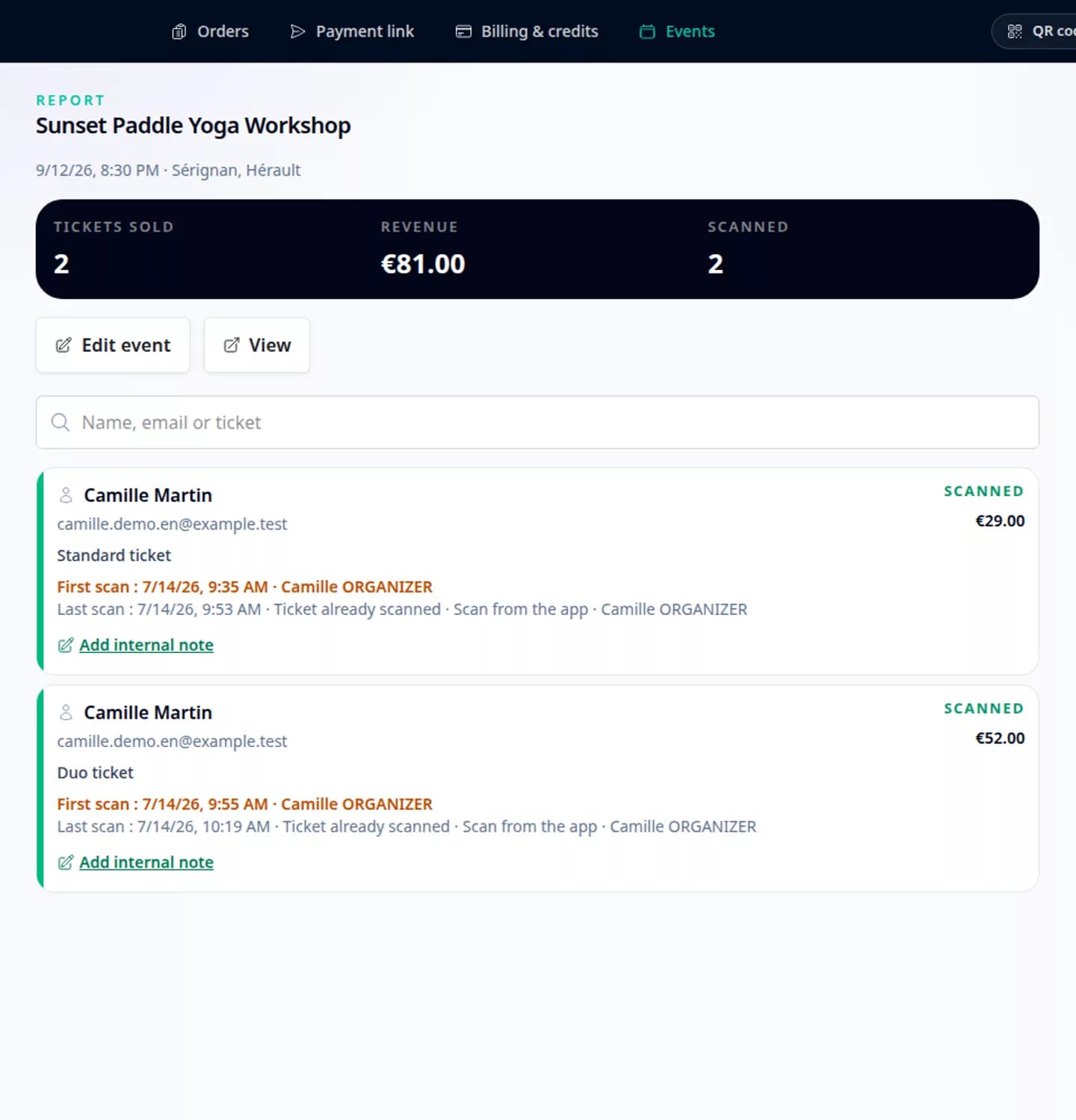 PayLinker dashboard showing event sales and attendees