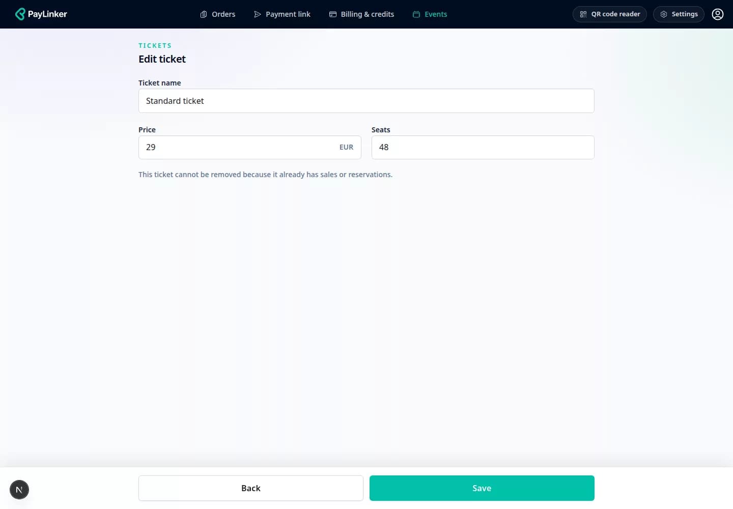 Ticket type configuration in PayLinker with price and capacity