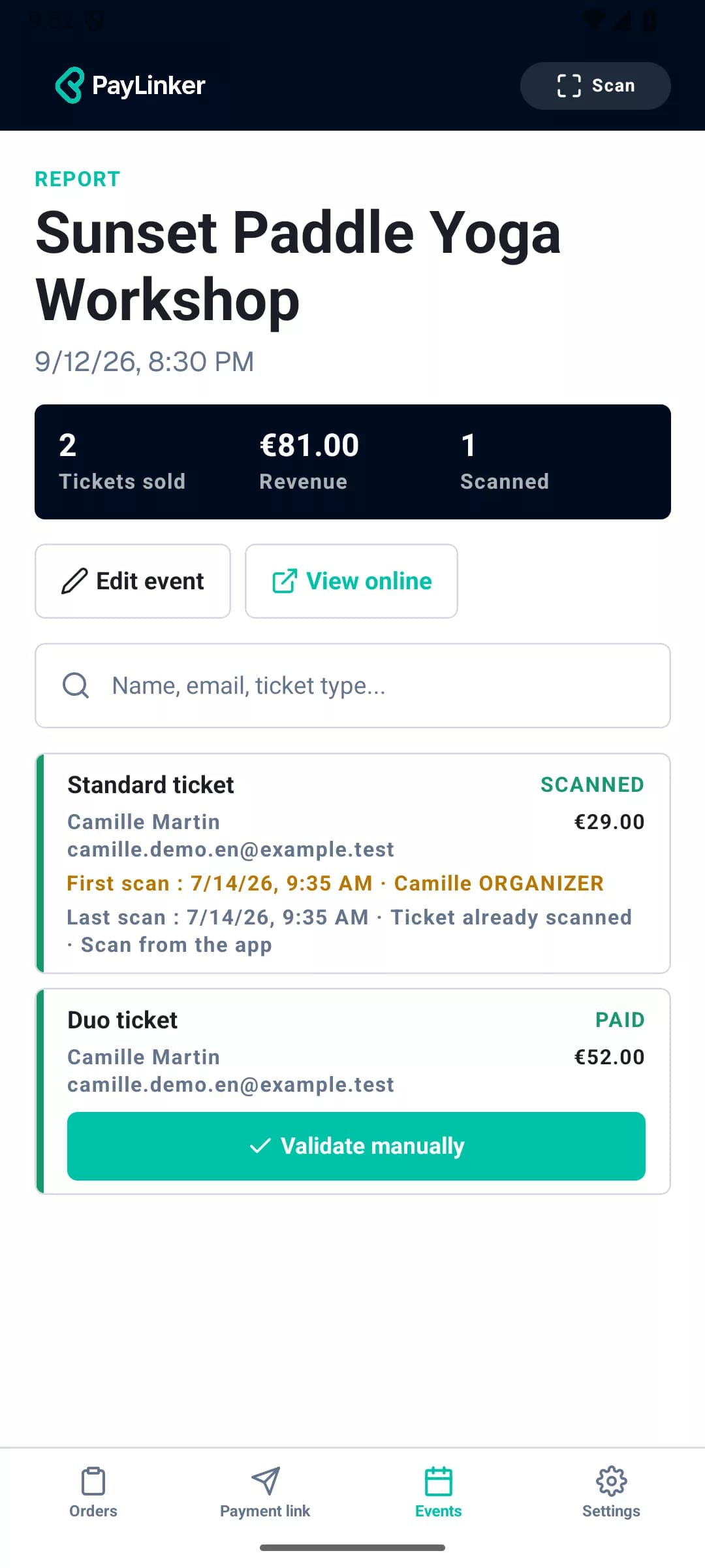 Paddle Yoga event details and tracking in the PayLinker mobile app