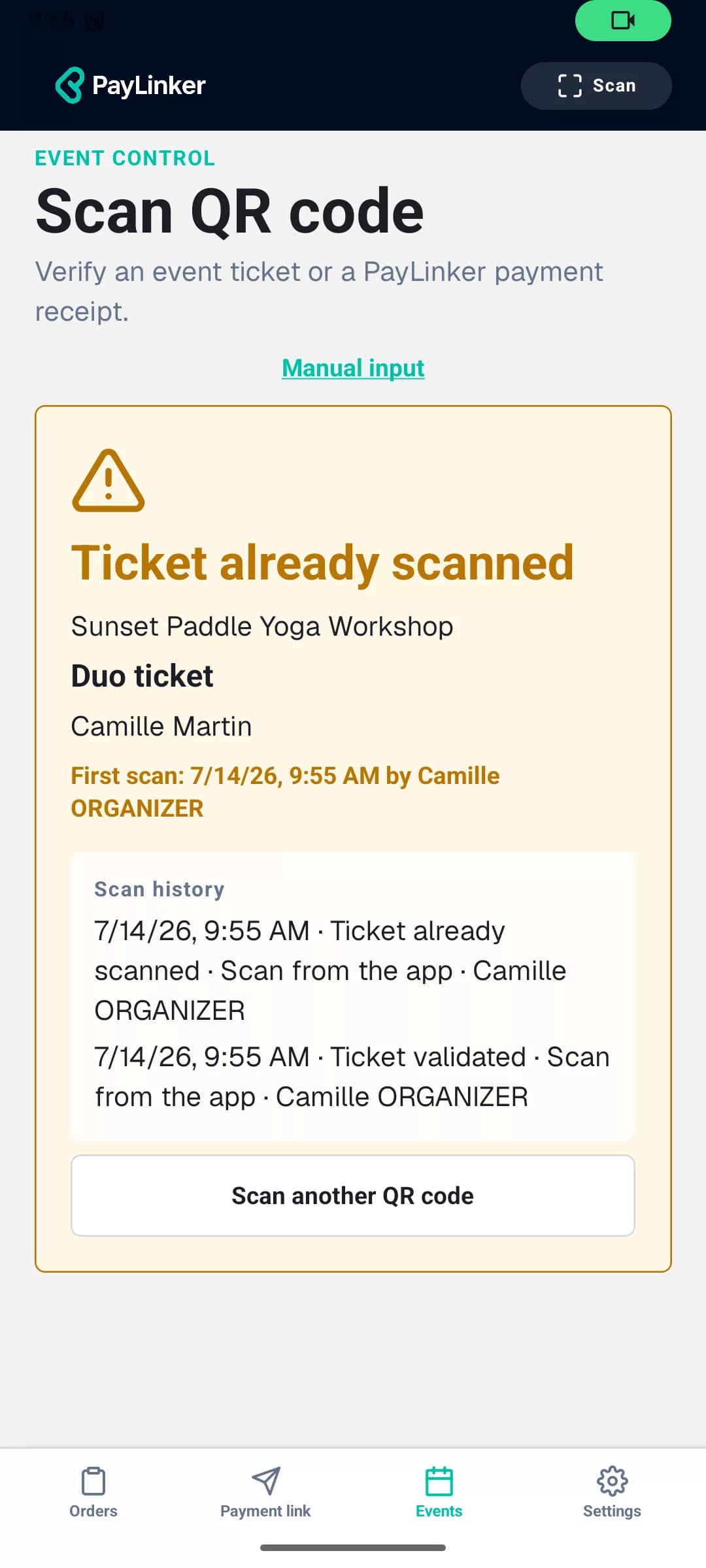 PayLinker app warning that a ticket has already been scanned