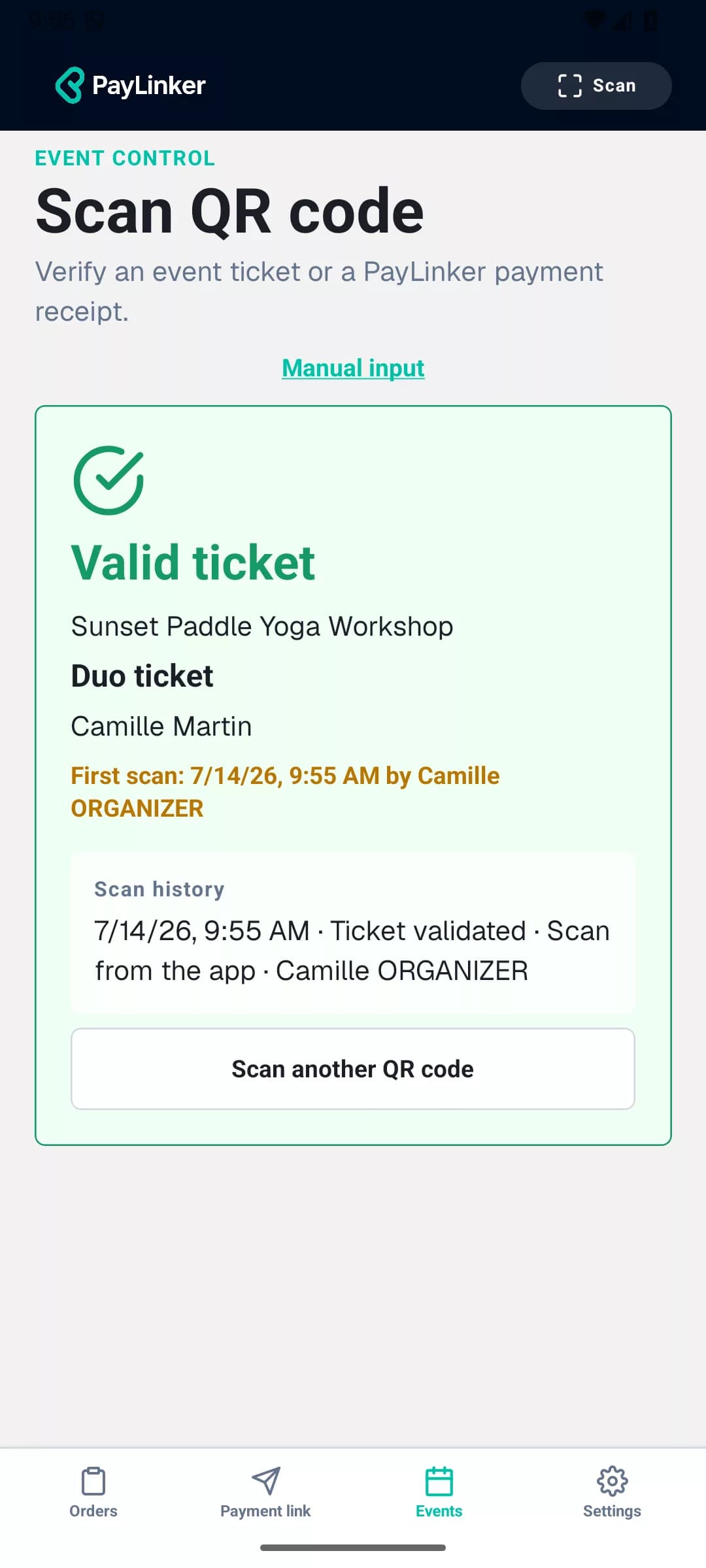 PayLinker app confirming that a ticket is valid