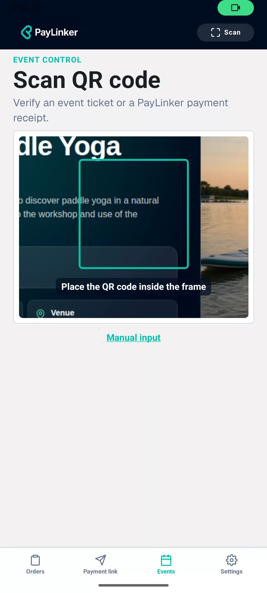 Ticket scanner open in the PayLinker mobile app