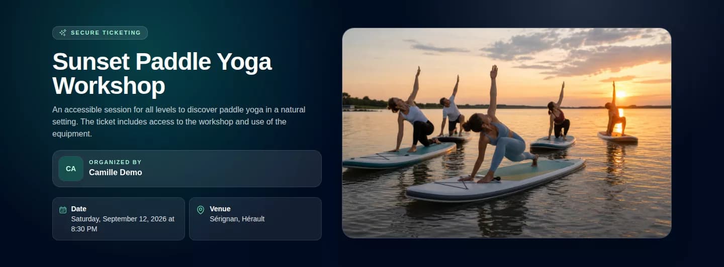 PayLinker public page for the Paddle Yoga workshop with available tickets