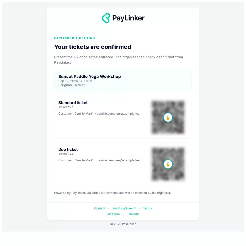 PayLinker email containing two demonstration tickets with neutralised QR codes