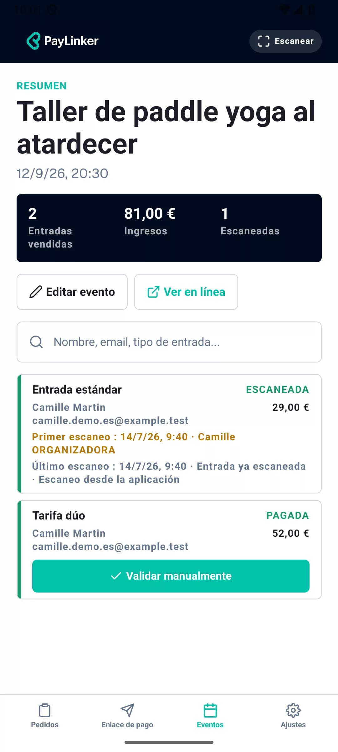 Detalle y seguimiento del evento Paddle Yoga en la aplicación móvil PayLinker