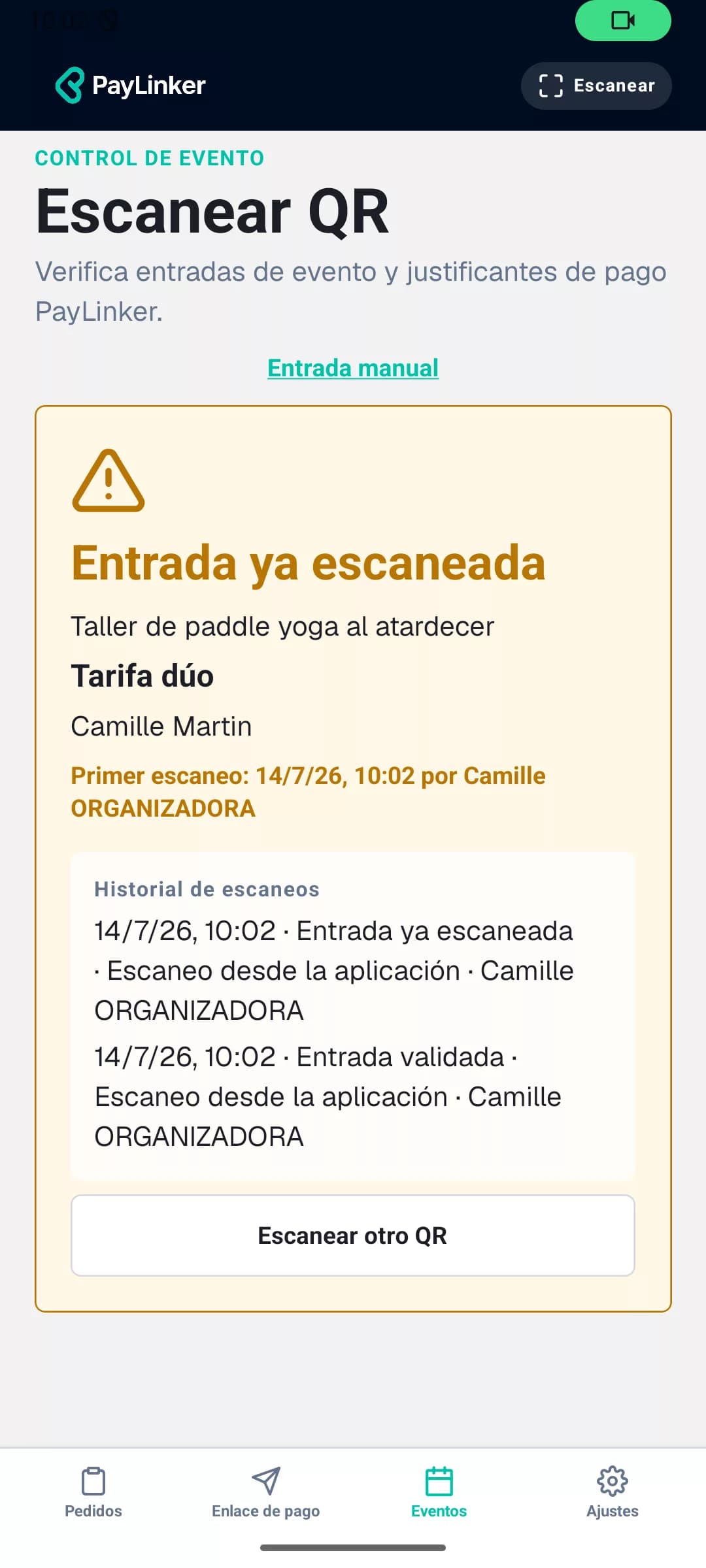 Aplicación PayLinker avisando de que una entrada ya se ha escaneado