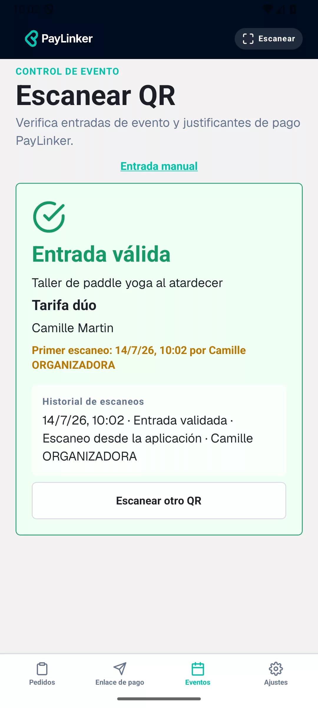 Aplicación PayLinker confirmando que una entrada es válida