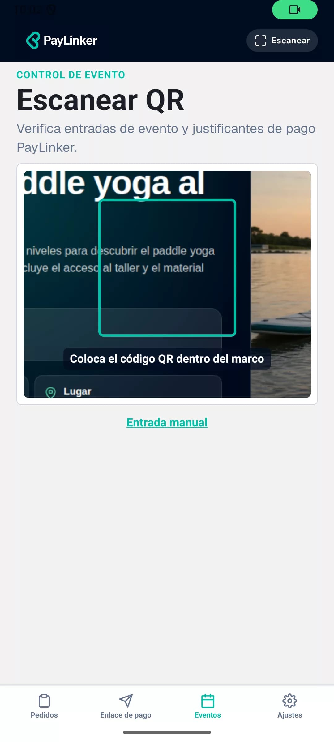 Escáner de entradas abierto en la aplicación móvil PayLinker