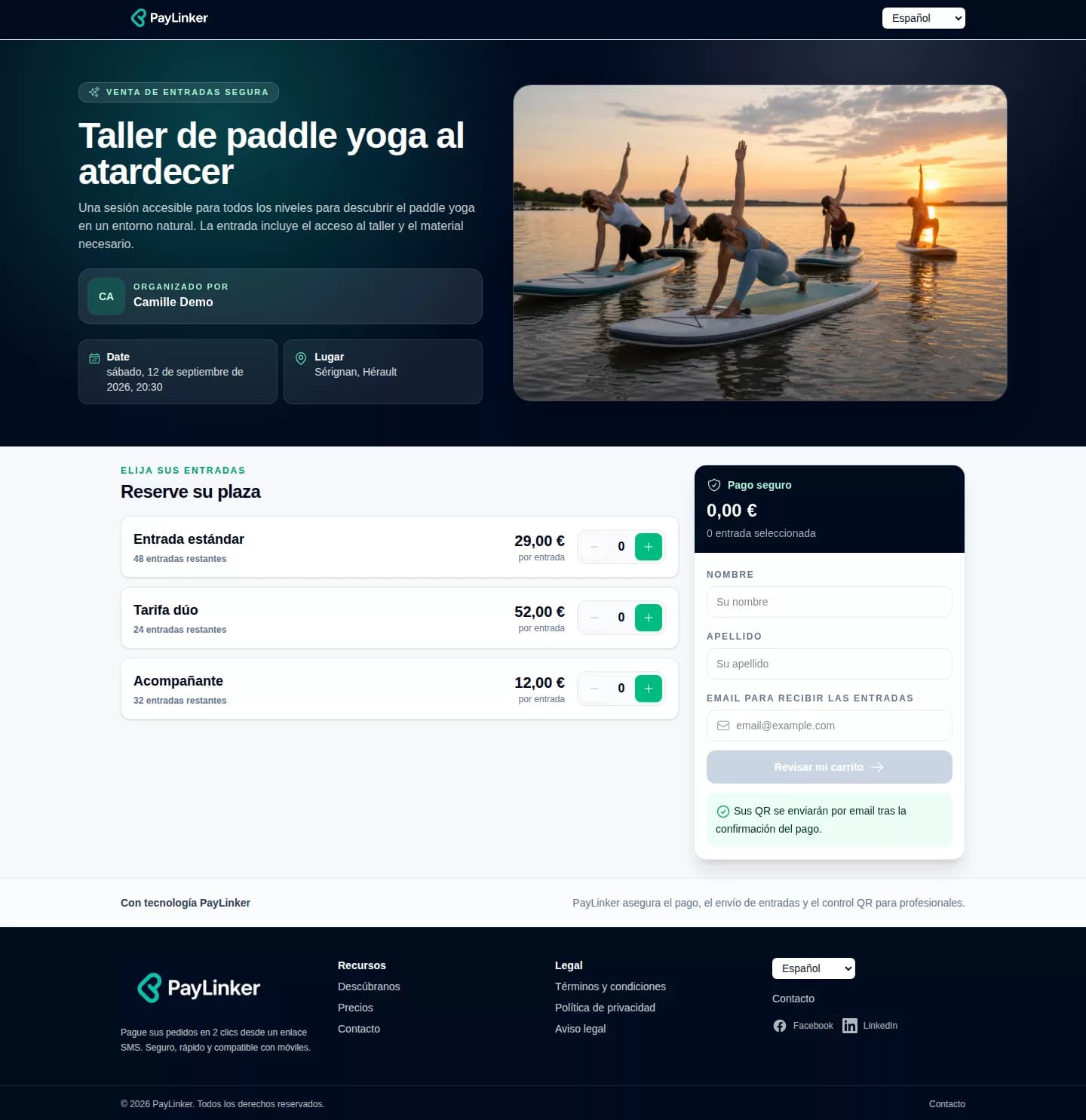 Página pública PayLinker del taller de Paddle Yoga con las entradas disponibles