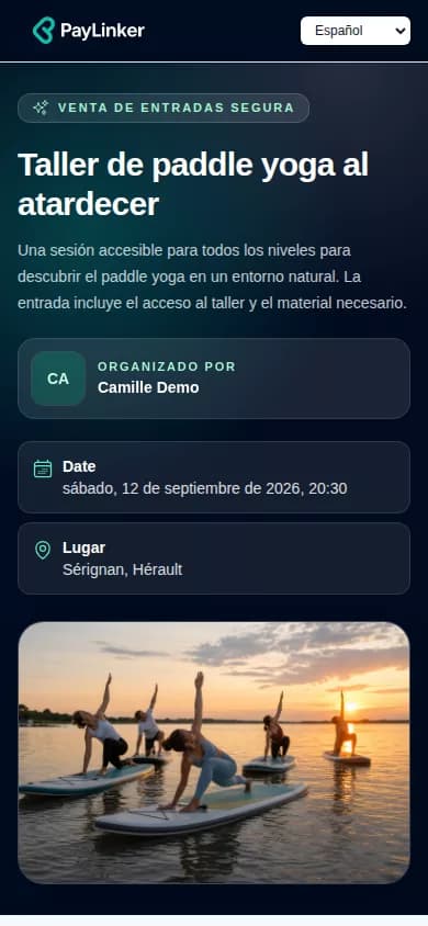 Página pública móvil PayLinker del taller de Paddle Yoga