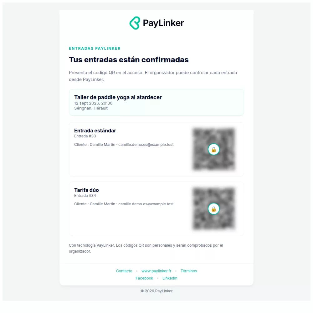 Email PayLinker con dos entradas de demostración y códigos QR neutralizados