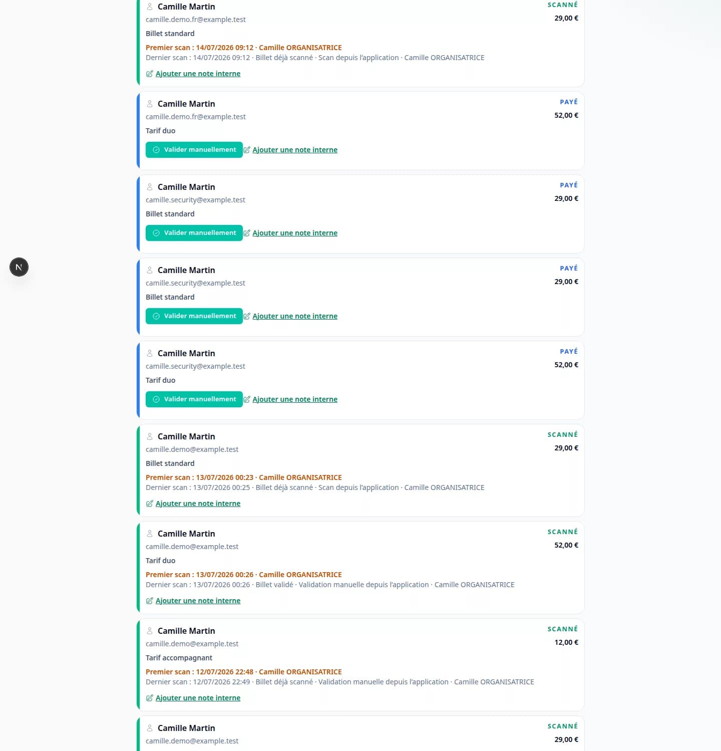 Tableau de bord PayLinker avec les ventes et participants de l’événement
