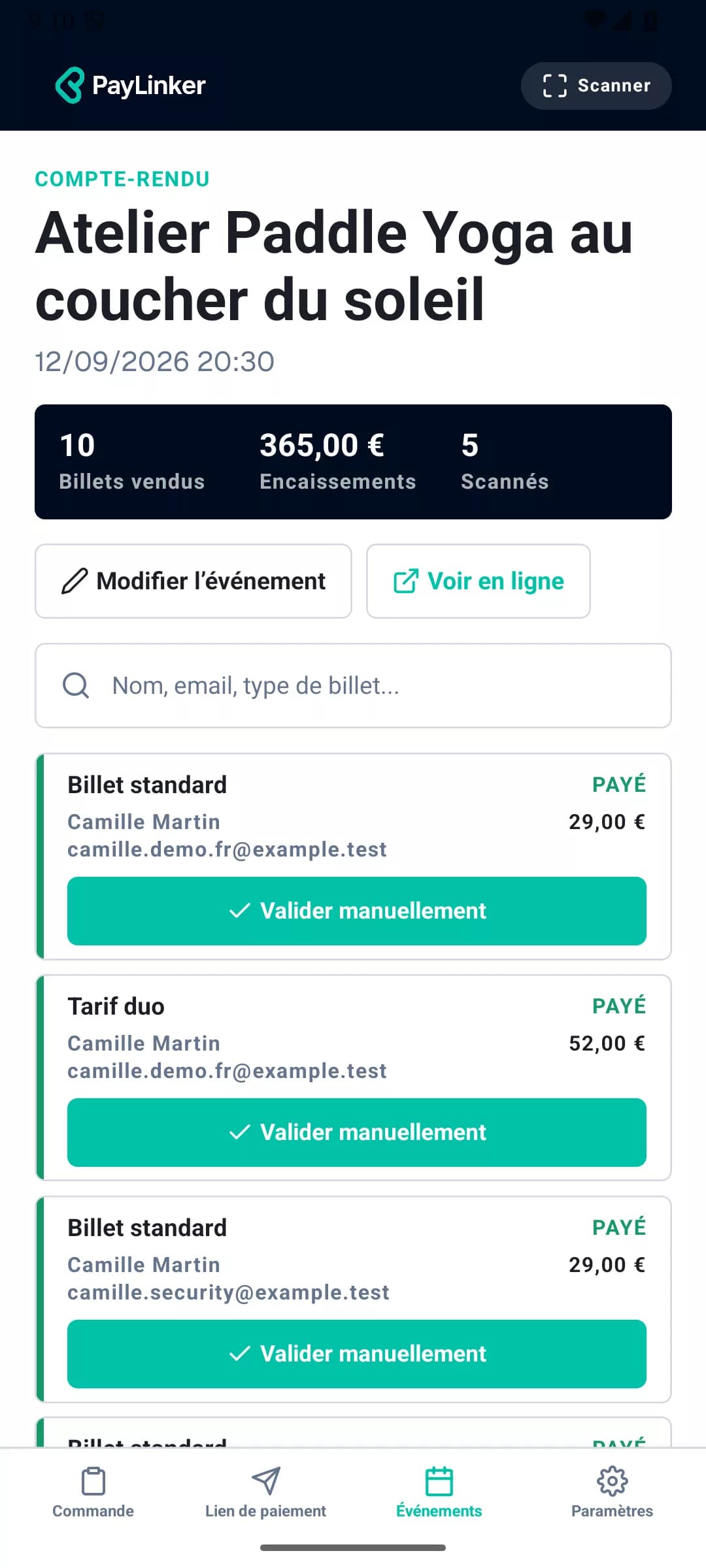Détail et suivi de l’événement Paddle Yoga dans l’application mobile PayLinker