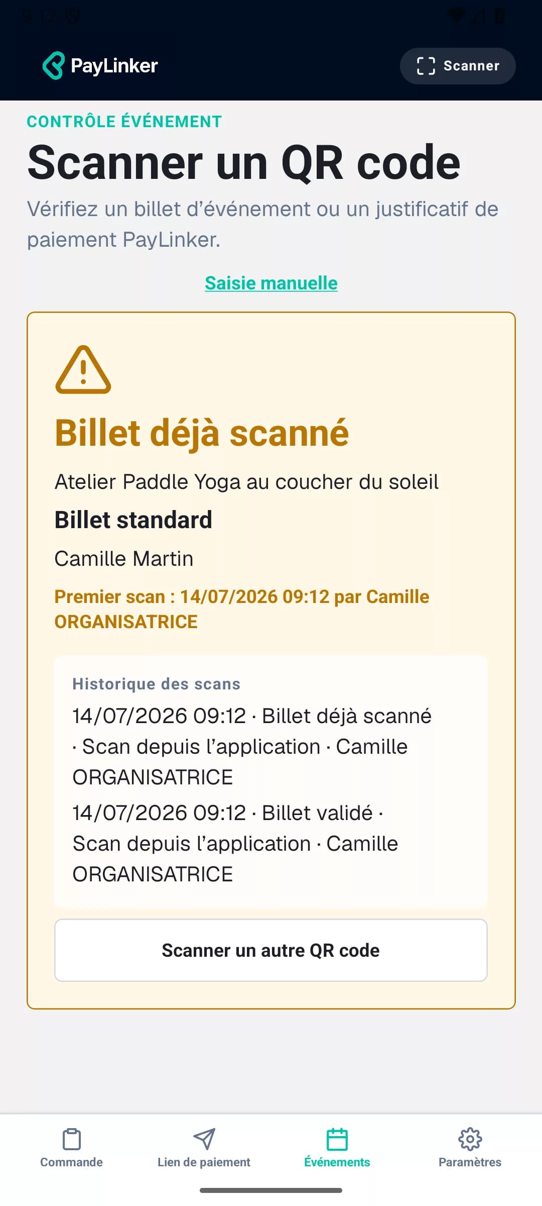 Application PayLinker signalant qu’un billet a déjà été scanné