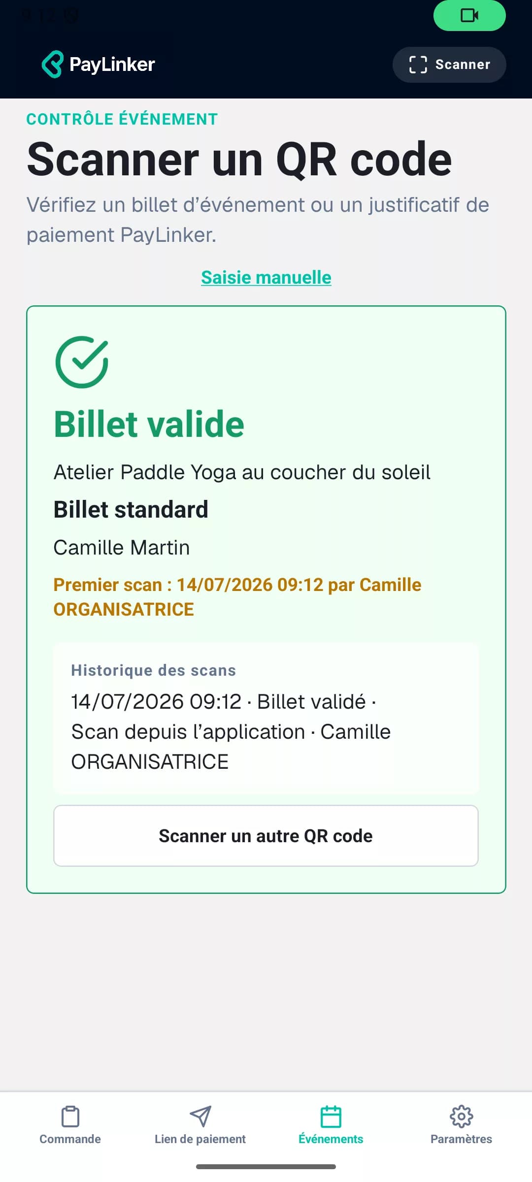 Application PayLinker confirmant qu’un billet est validé