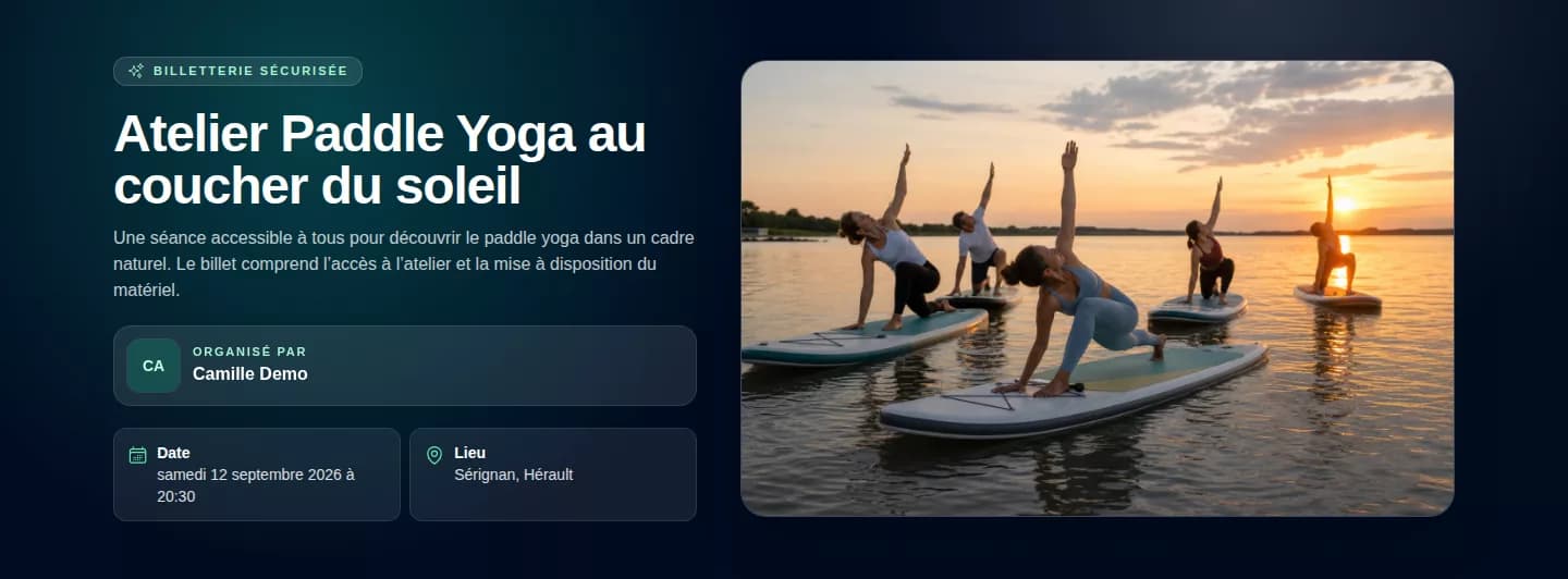 Page publique PayLinker de l’atelier Paddle Yoga avec les billets disponibles