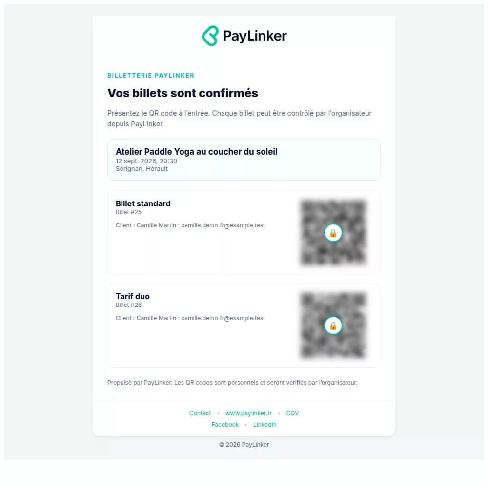 Email PayLinker contenant deux billets de démonstration aux QR codes neutralisés