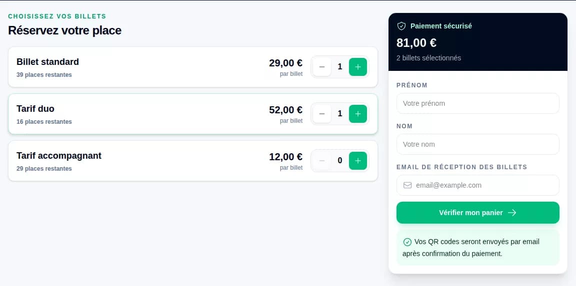 Récapitulatif PayLinker avant le paiement des billets de démonstration