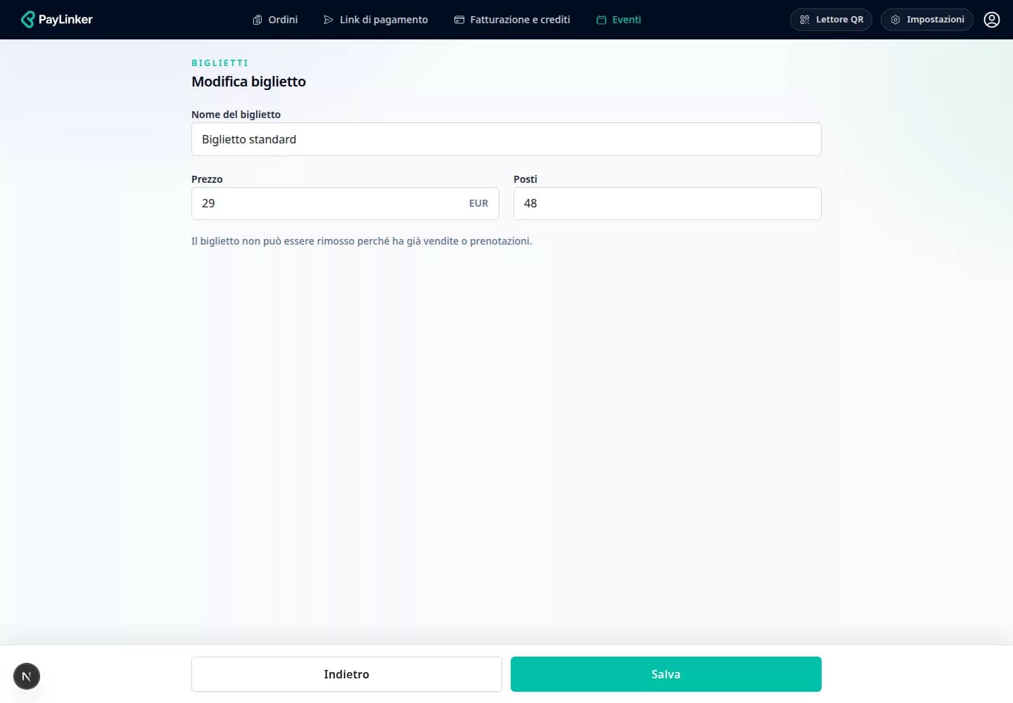 Configurazione di un tipo di biglietto in PayLinker con prezzo e capienza
