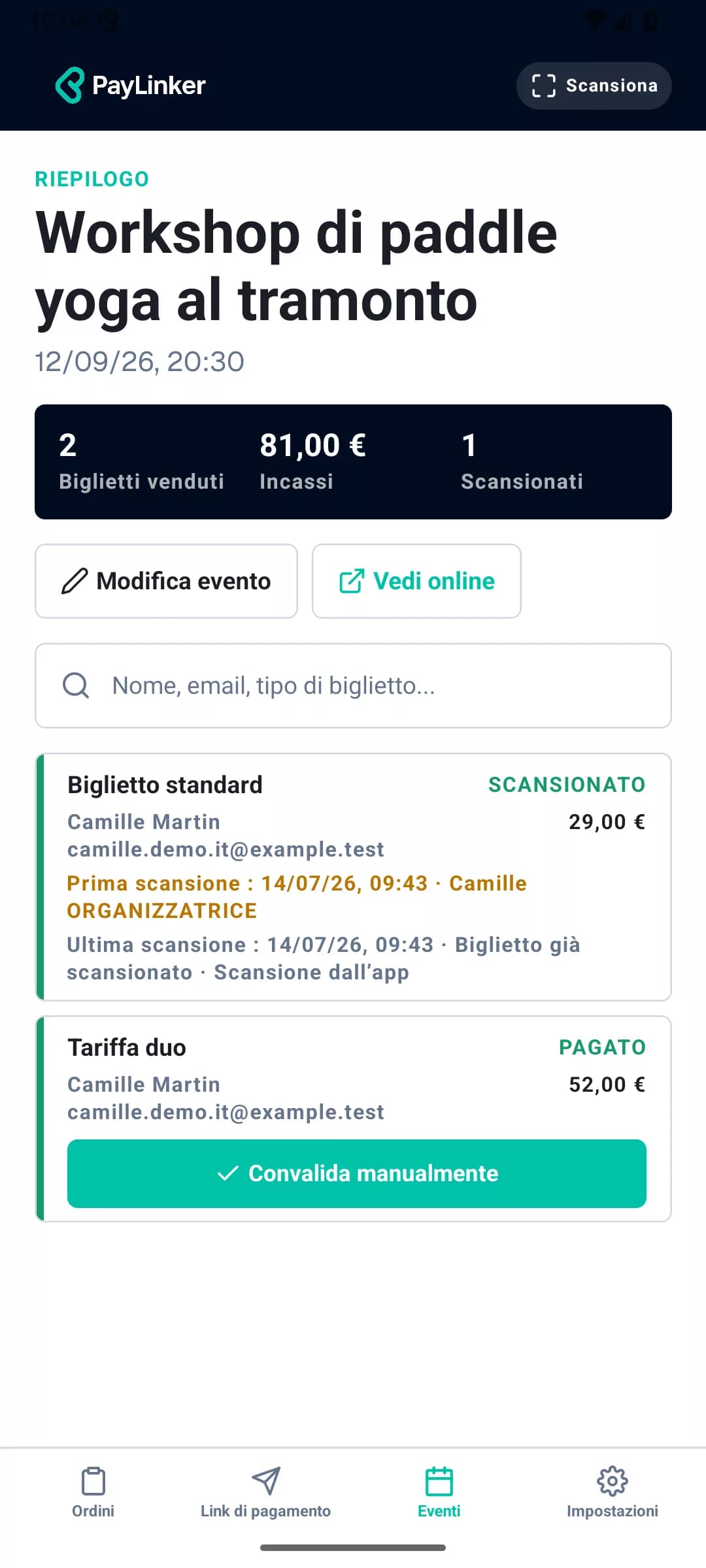 Dettaglio e monitoraggio dell’evento Paddle Yoga nell’app mobile PayLinker