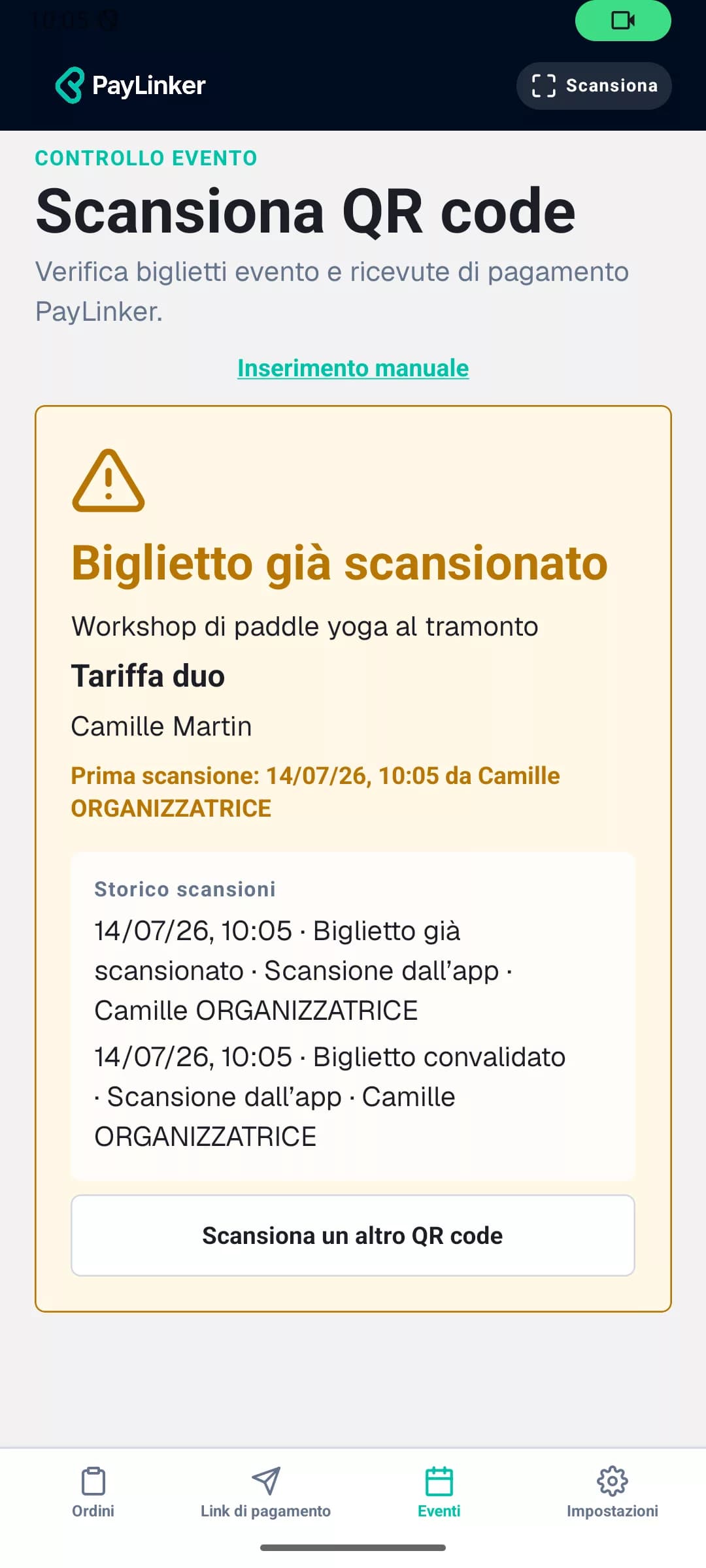 App PayLinker che segnala un biglietto già scansionato