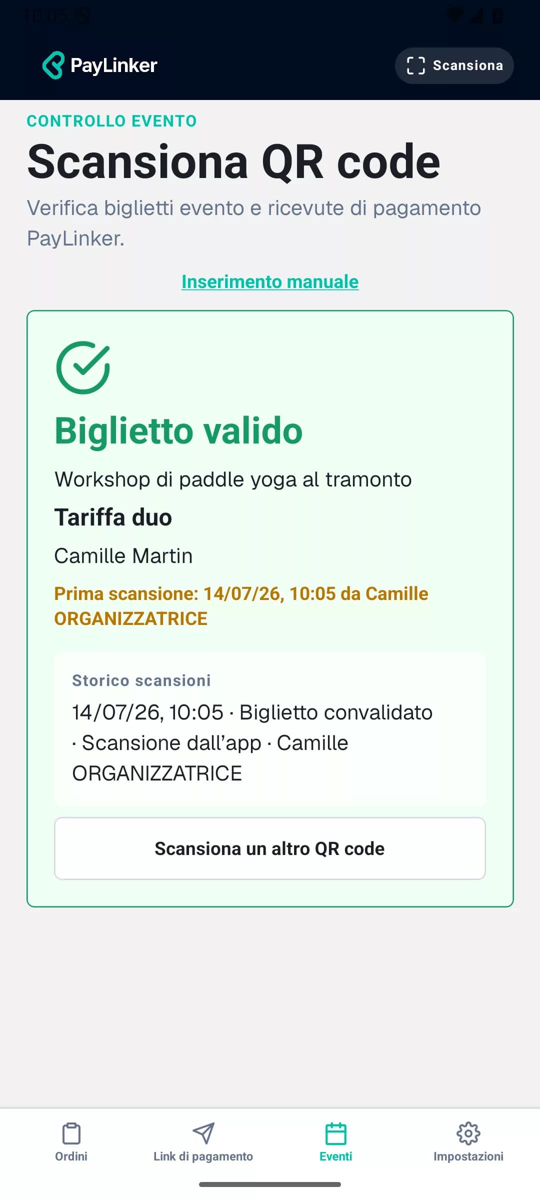 App PayLinker che conferma la validità di un biglietto