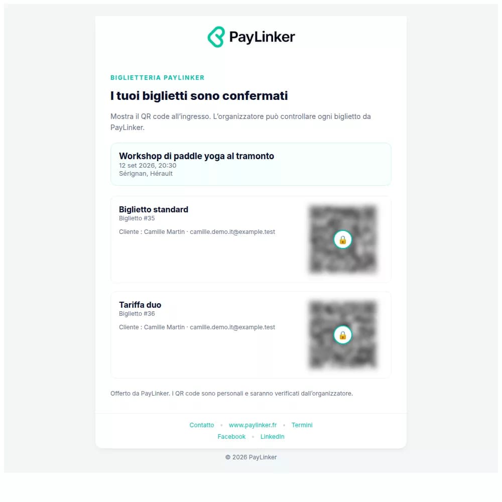 Email PayLinker con due biglietti dimostrativi e QR code neutralizzati
