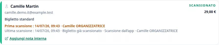 Cronologia PayLinker che distingue scansioni e convalide manuali