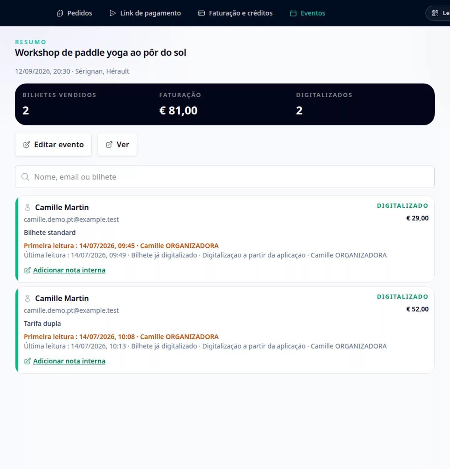 Painel PayLinker com vendas e participantes do evento