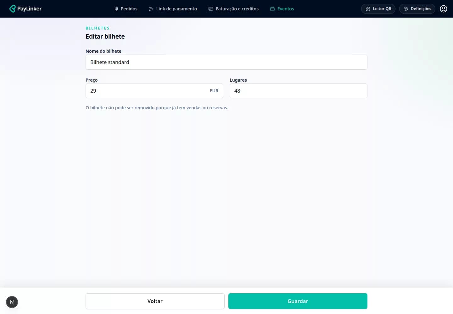 Configuração de um tipo de bilhete na PayLinker com preço e capacidade