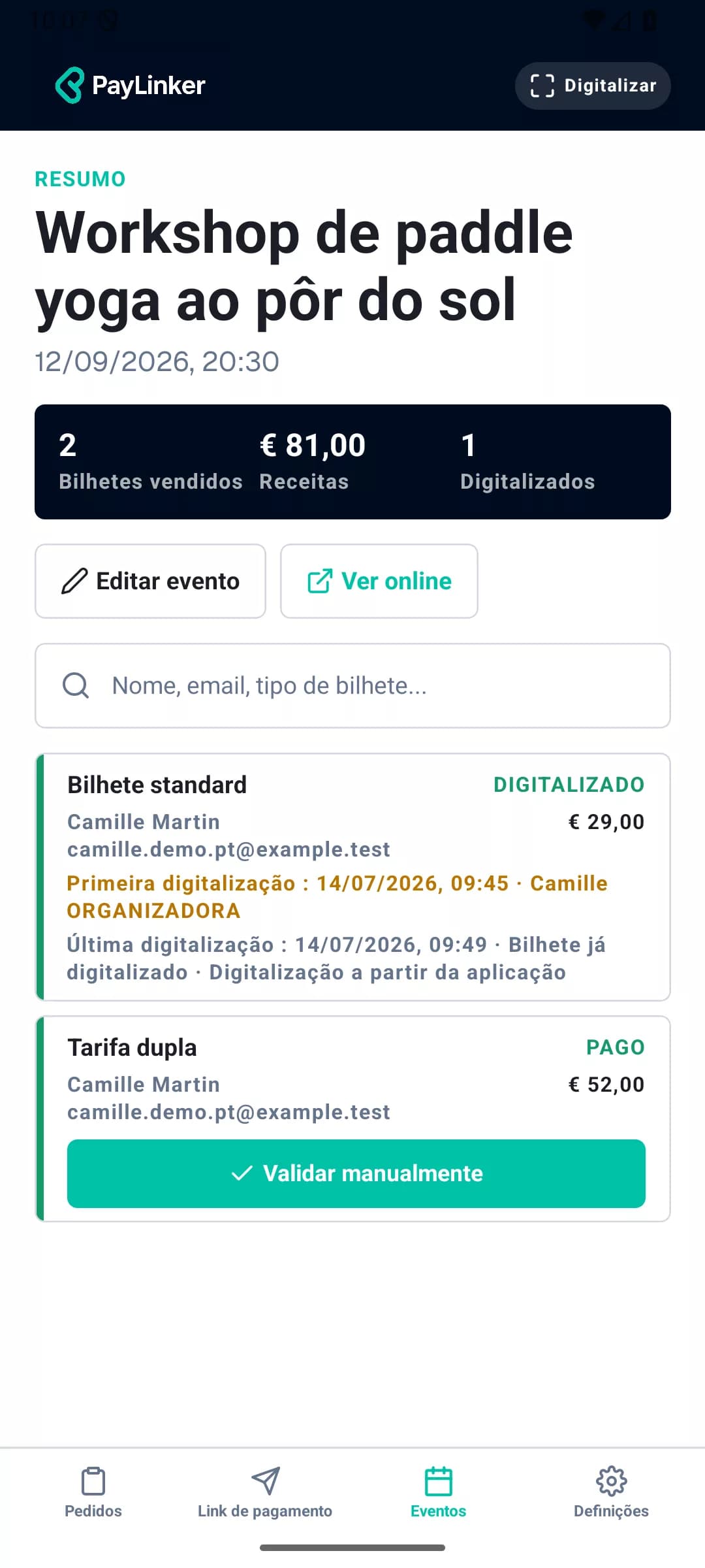 Detalhe e acompanhamento do evento Paddle Yoga na aplicação móvel PayLinker
