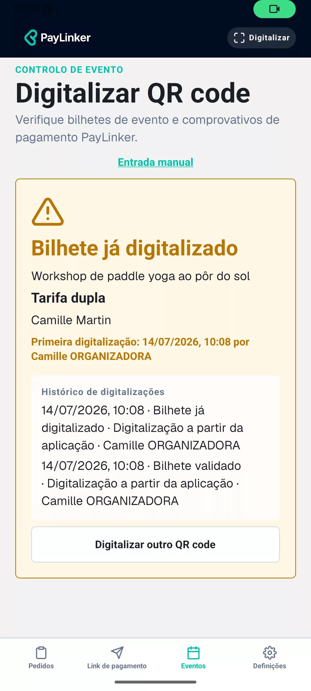 Aplicação PayLinker a indicar que um bilhete já foi lido