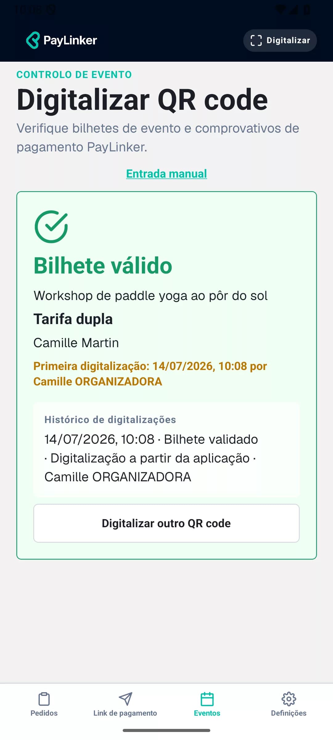 Aplicação PayLinker a confirmar que um bilhete é válido