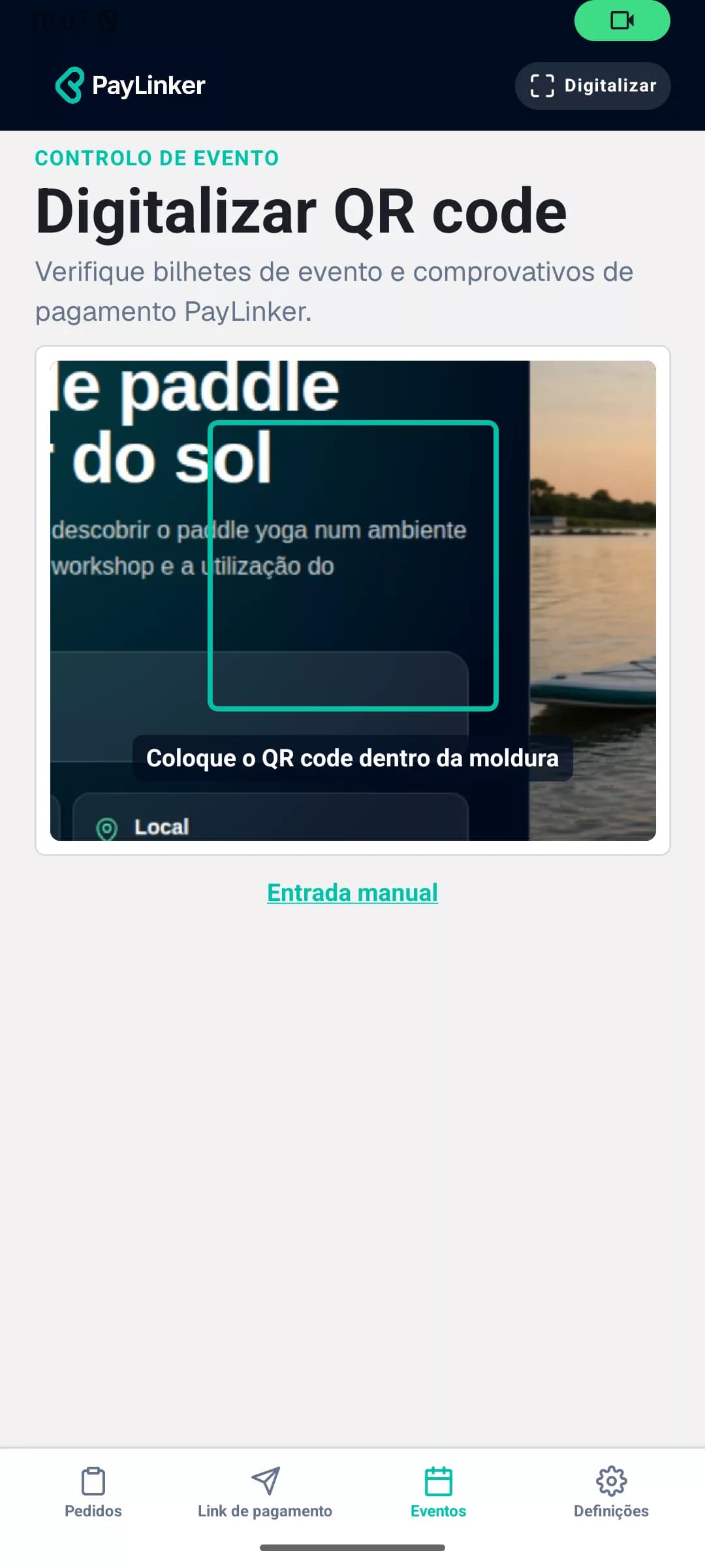 Leitor de bilhetes aberto na aplicação móvel PayLinker