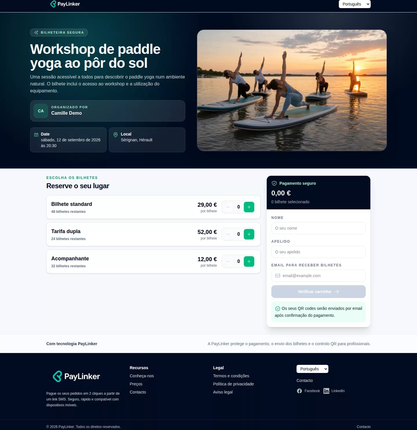 Página pública PayLinker do workshop Paddle Yoga com os bilhetes disponíveis