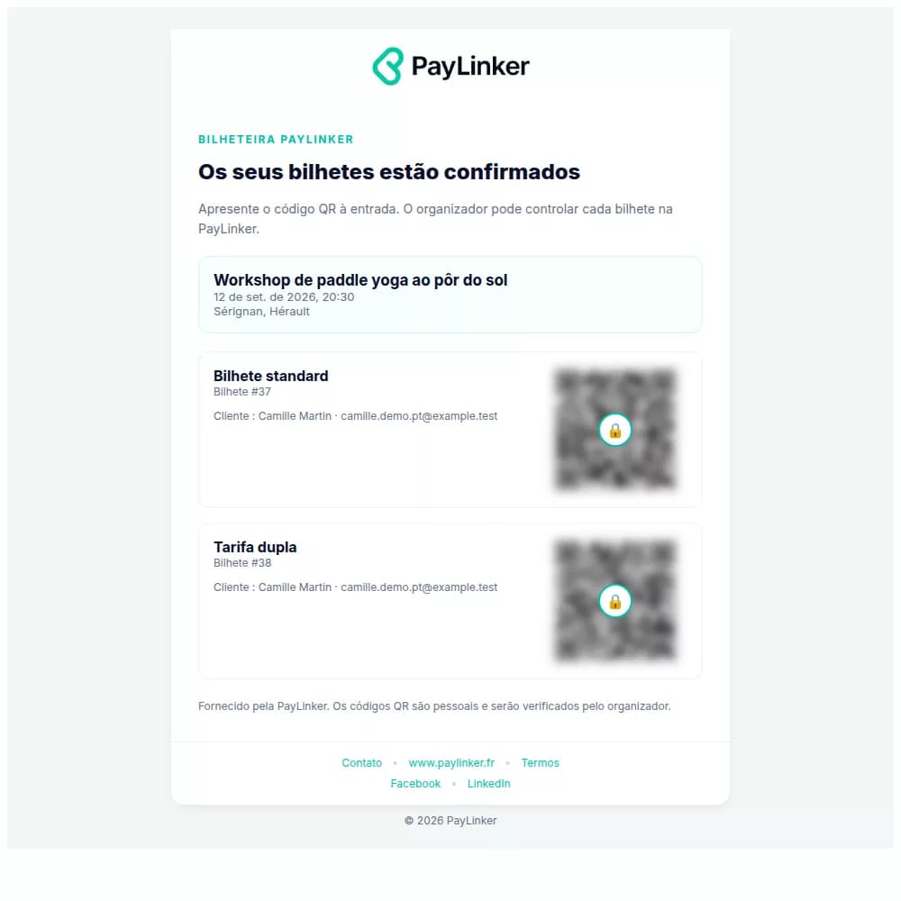 Email PayLinker com dois bilhetes de demonstração e códigos QR neutralizados