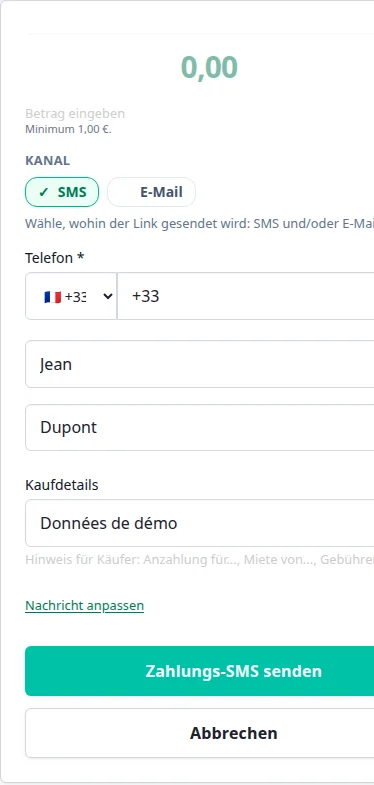 PayLinker Mobilansicht zum Erstellen einer Zahlungsanfrage