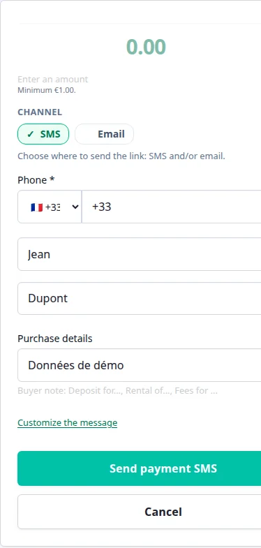 PayLinker mobile screen to create a payment request