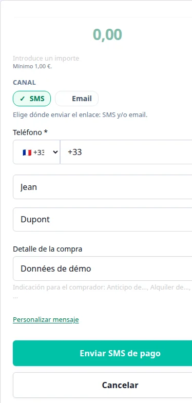 Pantalla móvil PayLinker para crear una solicitud de pago