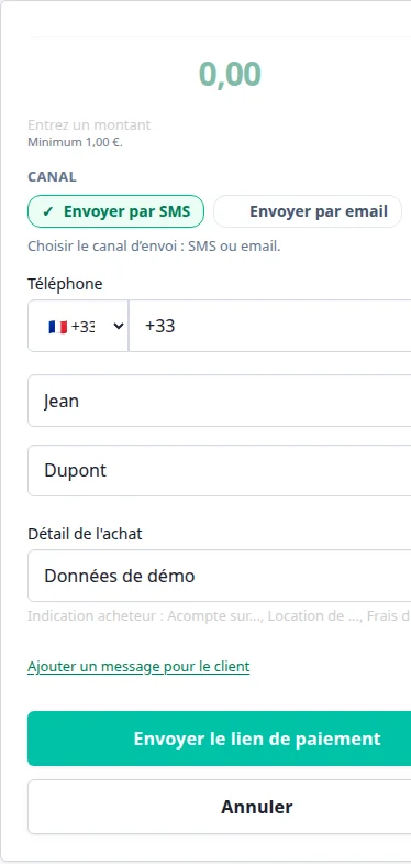 Interface PayLinker mobile pour créer un lien de paiement